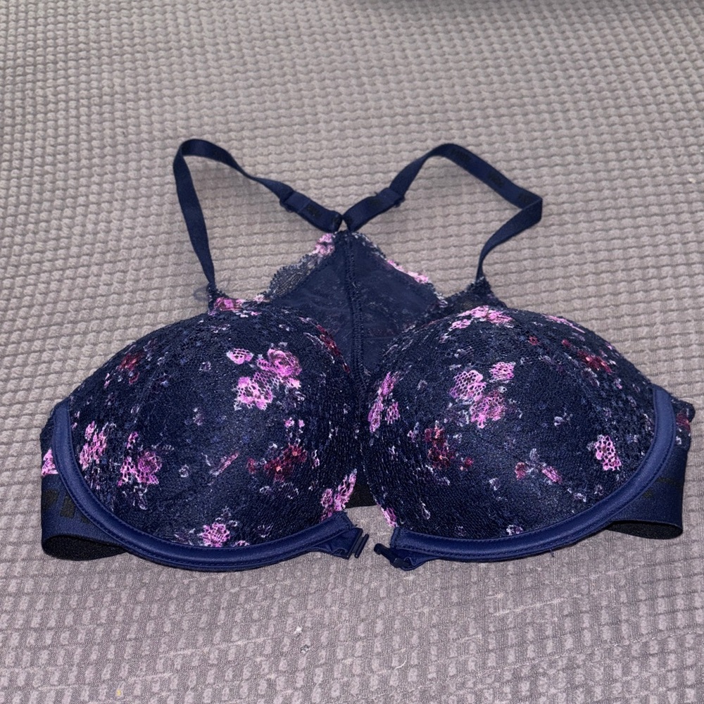 Victoria's Secret Navy and Pink Floral Lace Racerback Bra
